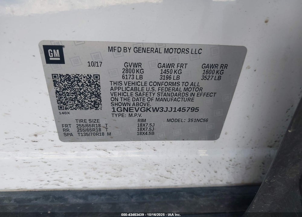 2018 CHEVROLET TRAVERSE VIN: 1GNEVGKW3JJ145795