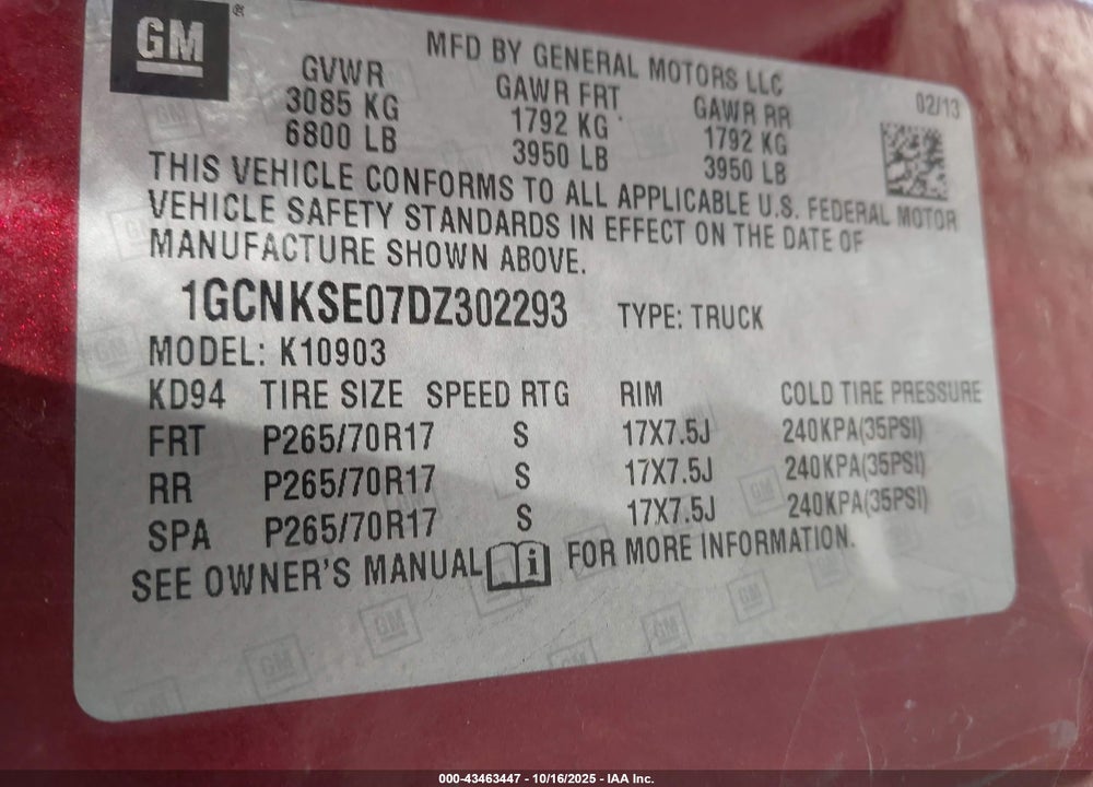2013 CHEVROLET SILVERADO 1500 LT VIN: 1GCNKSE07DZ302293