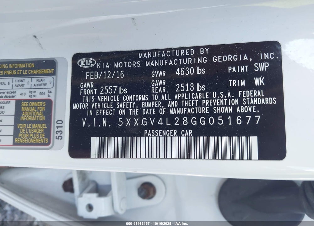 2016 KIA OPTIMA VIN: 5XXGV4L28GG051677