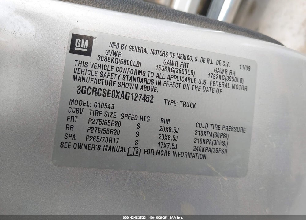 2010 CHEVROLET SILVERADO 1500 VIN: 3GCRCSE0XAG127452