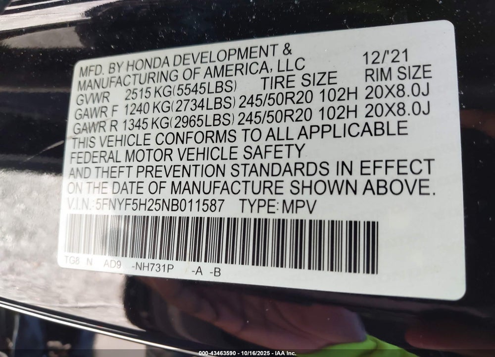 2022 HONDA PILOT 2WD SPECIAL EDITION VIN: 5FNYF5H25NB011587