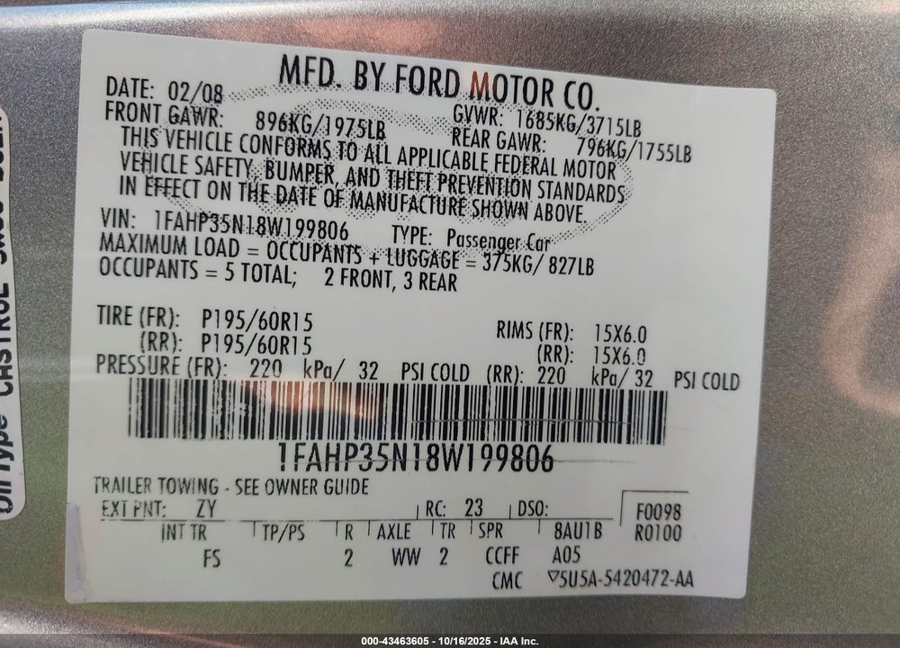 2008 FORD FOCUS SE/SES VIN: 1FAHP35N18W199806