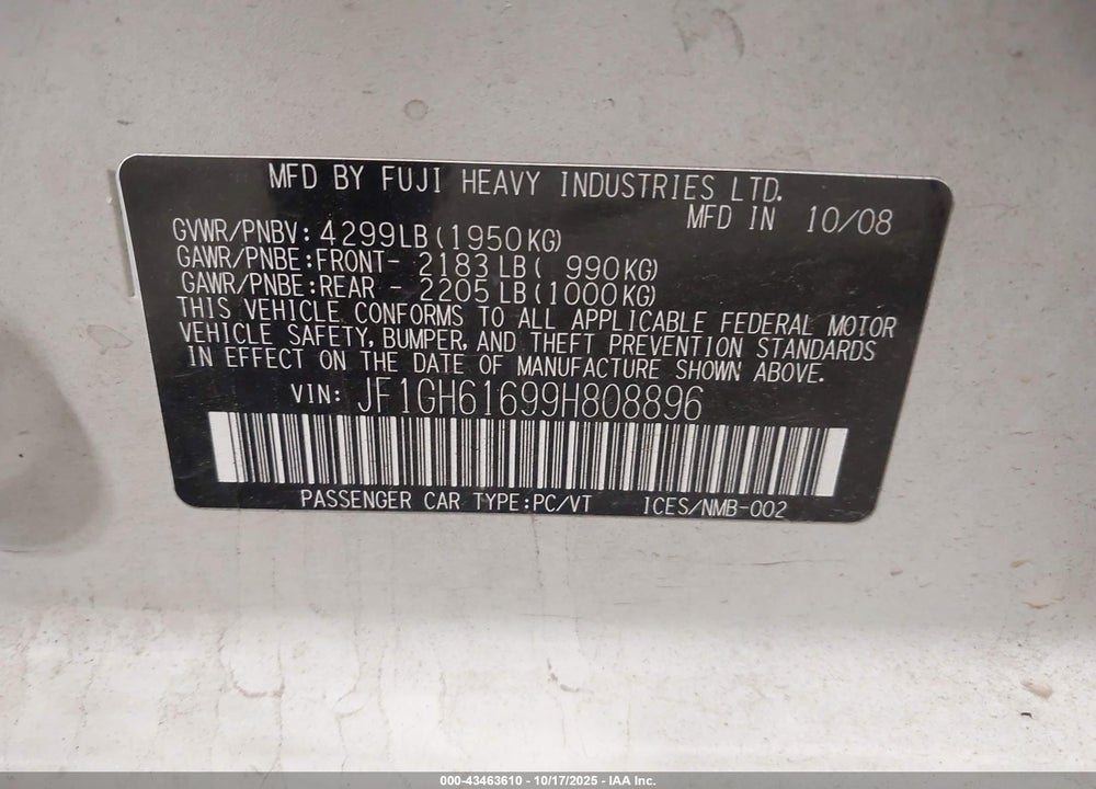 2009 SUBARU IMPREZA 2.5I VIN: JF1GH61699H808896