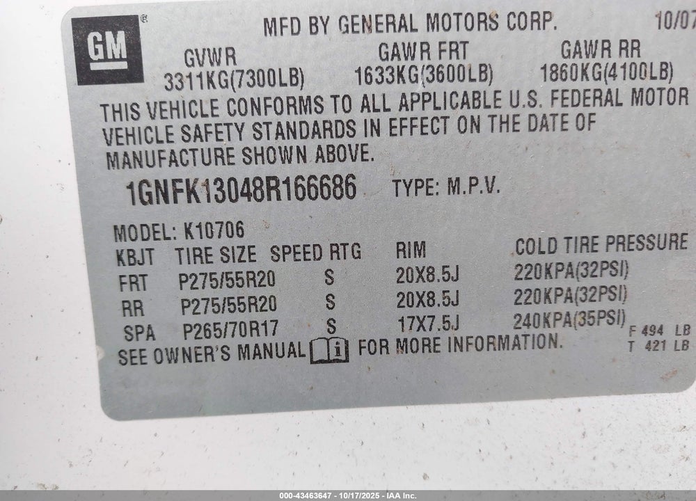 2008 CHEVROLET TAHOE LTZ VIN: 1GNFK13048R166686