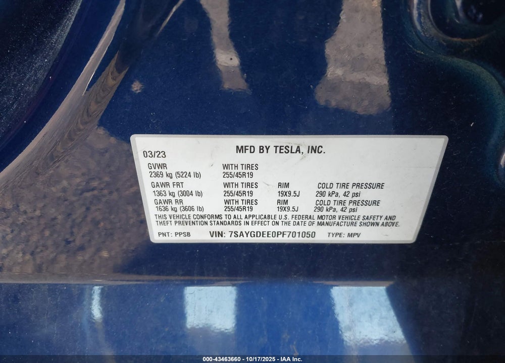 2023 TESLA MODEL Y AWD/LONG RANGE DUAL MOTOR ALL-WHEEL DRIVE VIN: 7SAYGDEE0PF701050