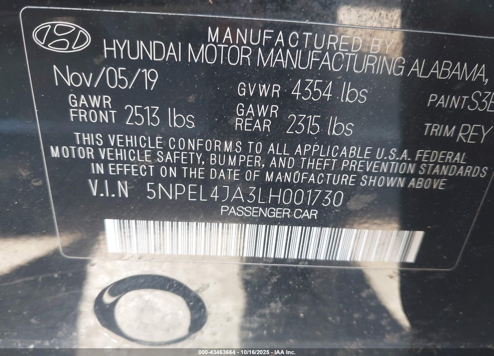 2020 HYUNDAI SONATA VIN: 5NPEL4JA3LH001730