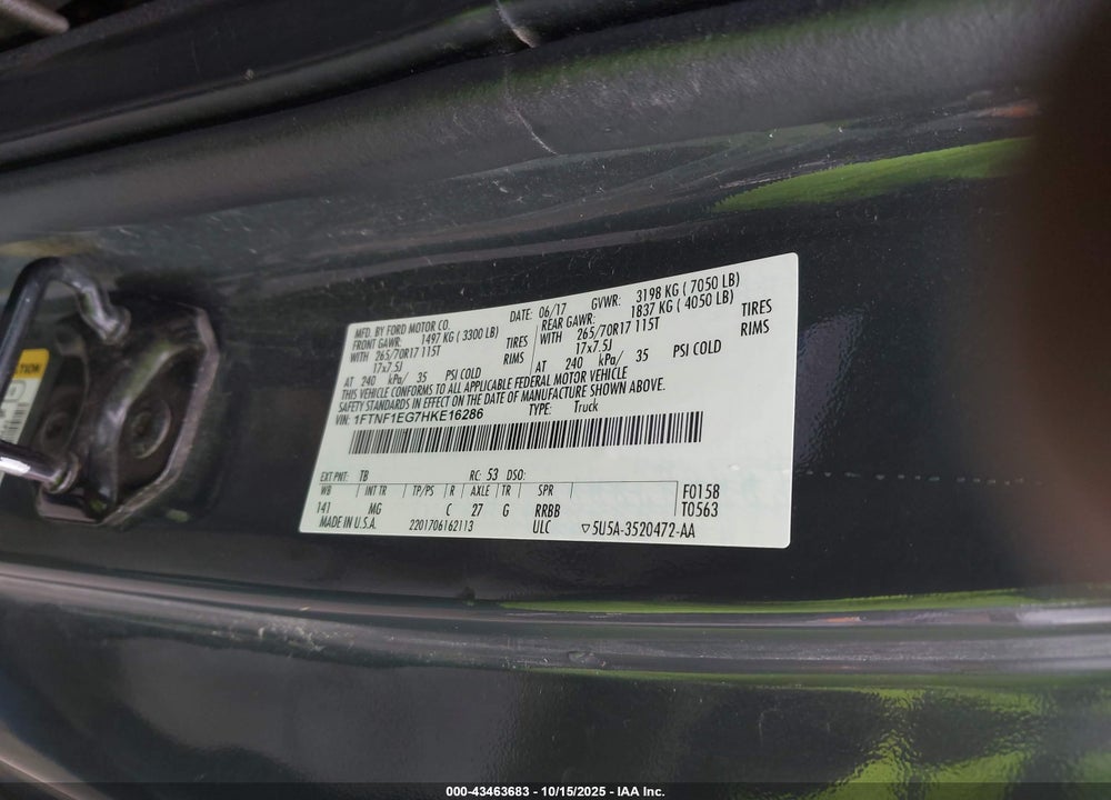 2017 FORD F-150 VIN: 1FTNF1EG7HKE16286