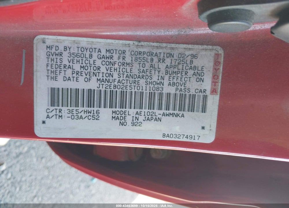 1996 TOYOTA COROLLA DX VIN: JT2EB02E5T0111083