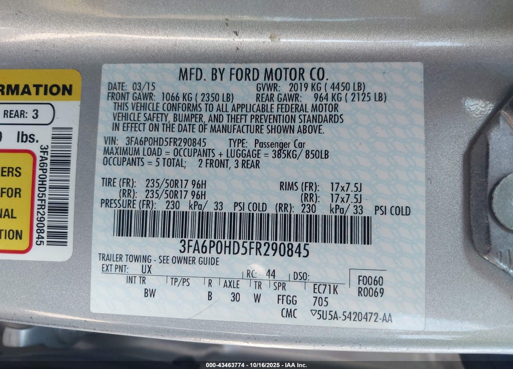 2015 FORD FUSION VIN: 3FA6P0HD5FR290845