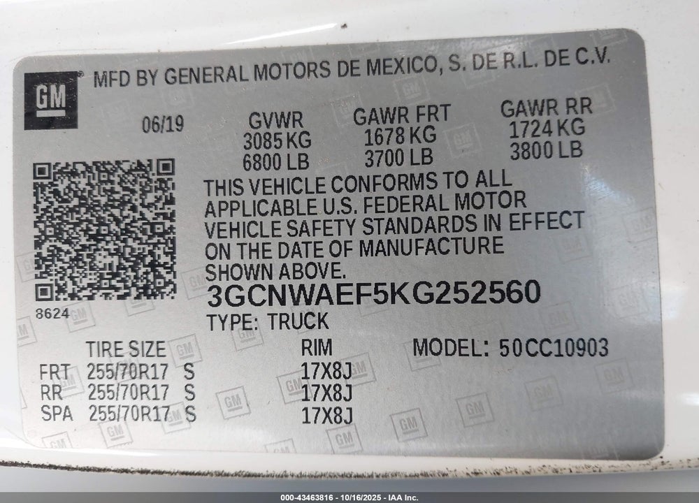 2019 CHEVROLET SILVERADO 1500 WORK TRUCK VIN: 3GCNWAEF5KG252560