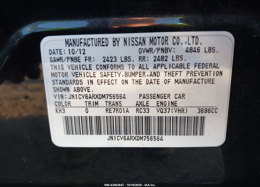 2013 INFINITI G37X VIN: JN1CV6ARXDM756564