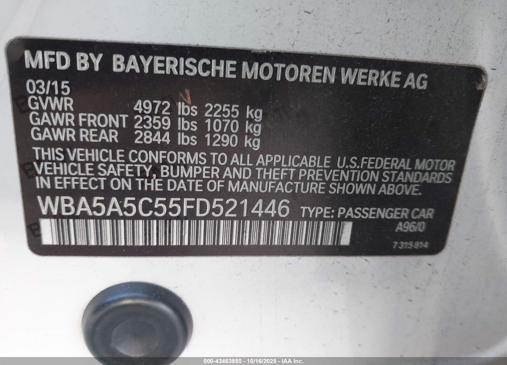 2015 BMW 528I VIN: WBA5A5C55FD521446