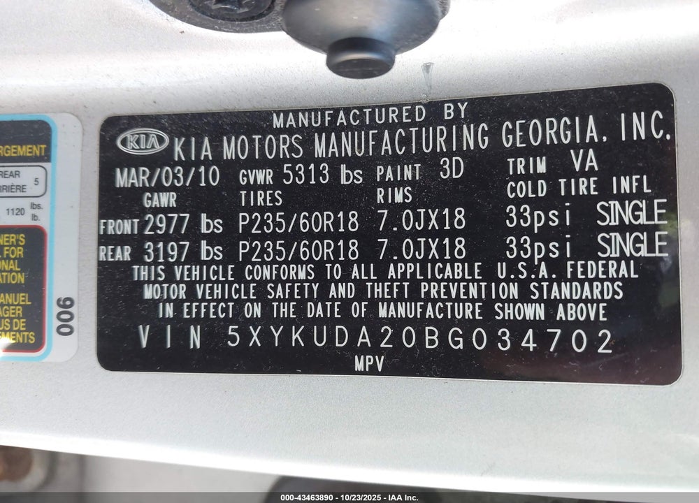 2011 KIA SORENTO EX V6 VIN: 5XYKUDA20BG034702