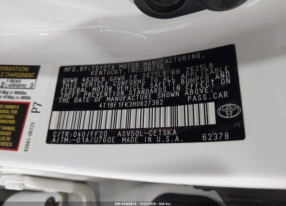 2017 TOYOTA CAMRY VIN: 4T1BF1FK3HU627362
