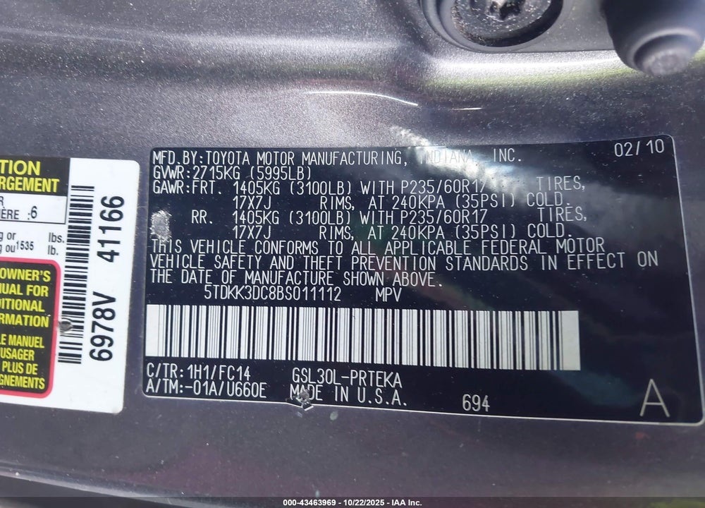 2011 TOYOTA SIENNA LE V6 VIN: 5TDKK3DC8BS011112