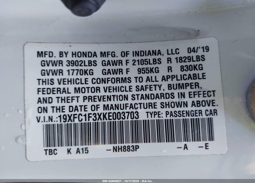 2019 HONDA CIVIC EX VIN: 19XFC1F3XKE003703