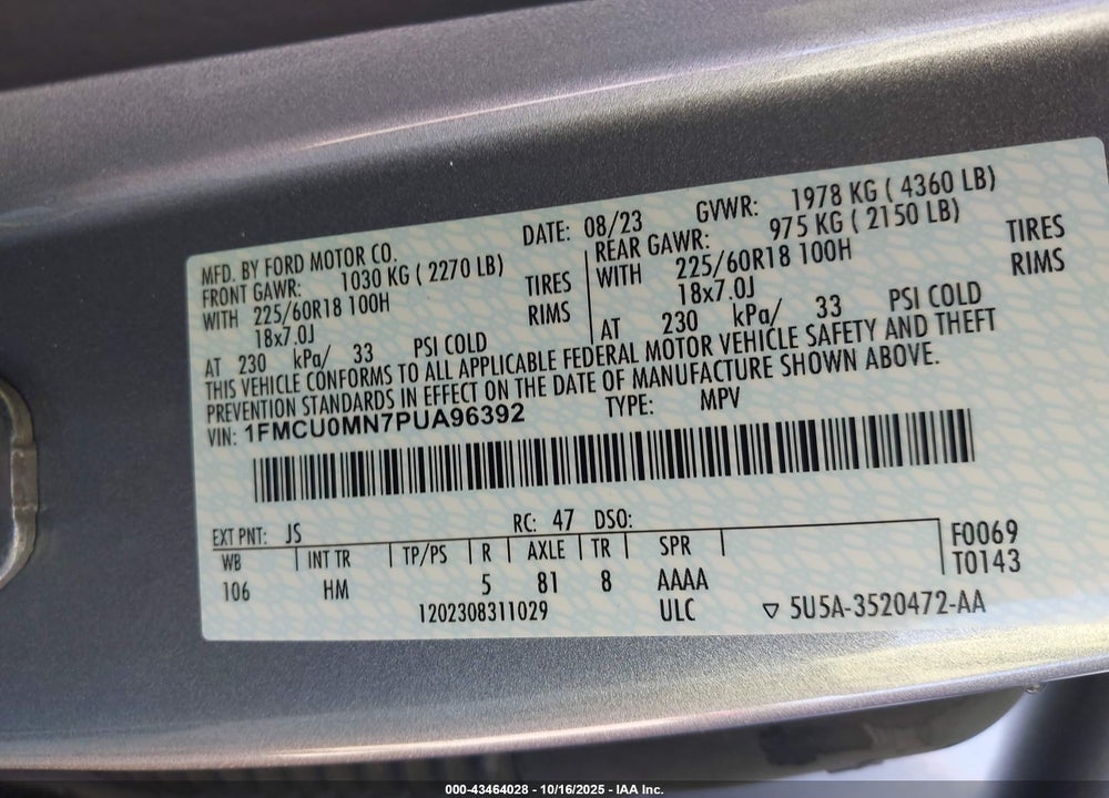 2023 FORD ESCAPE ST LINE VIN: 1FMCU0MN7PUA96392