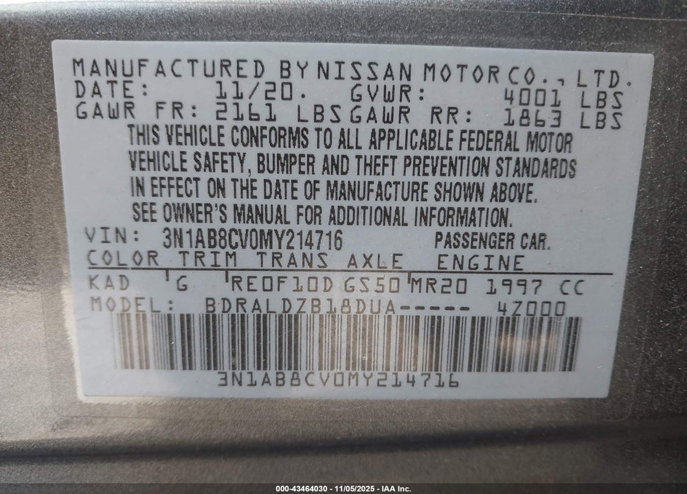 2021 NISSAN SENTRA SV XTRONIC CVT VIN: 3N1AB8CV0MY214716