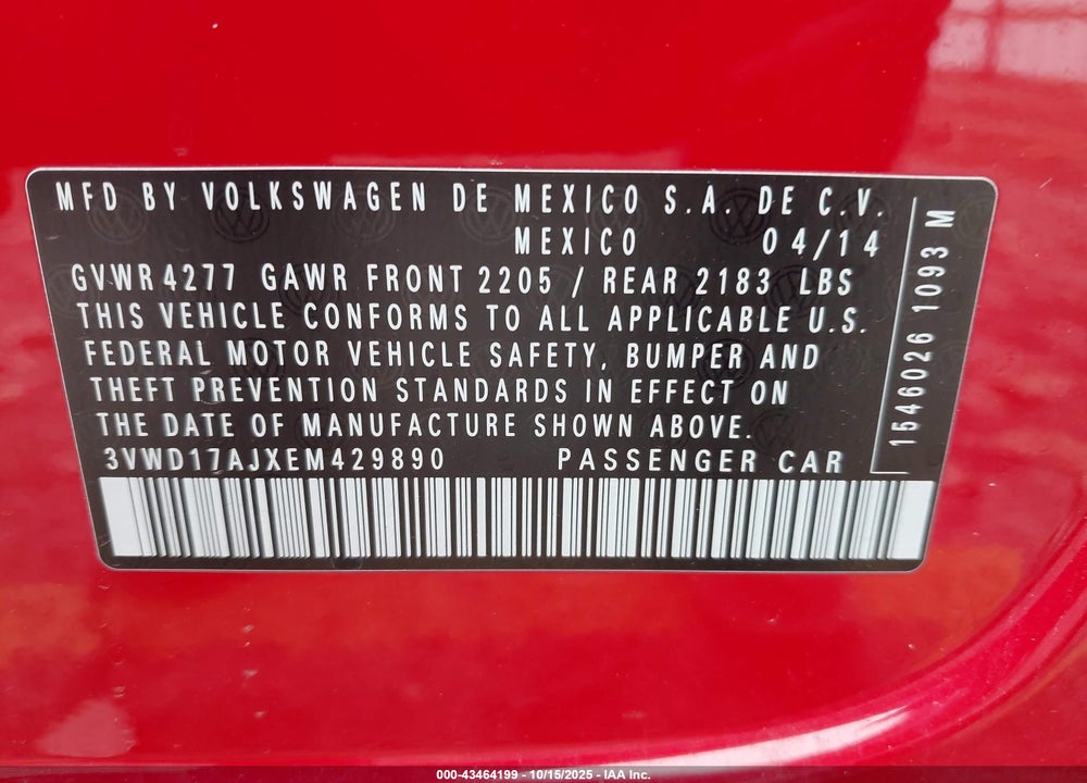 2014 VOLKSWAGEN JETTA VIN: 3VWD17AJXEM429890