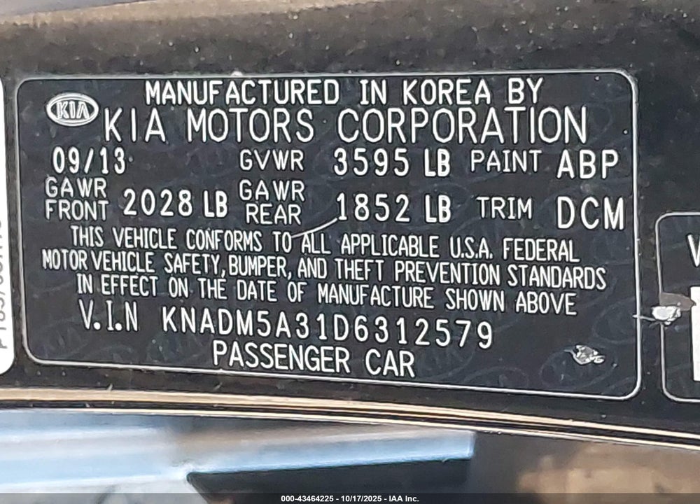 2013 KIA RIO VIN: KNADM5A31D6312579