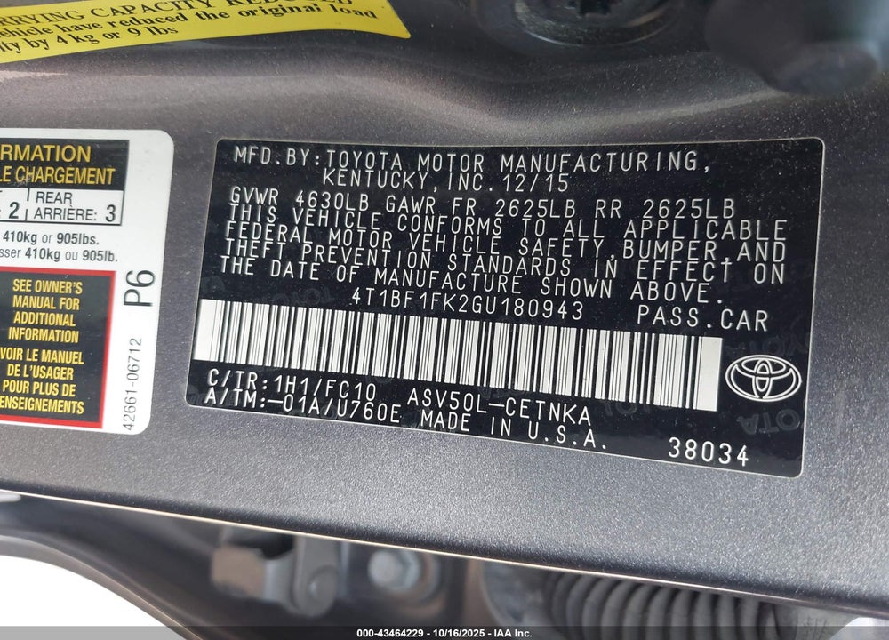 2016 TOYOTA CAMRY LE VIN: 4T1BF1FK2GU180943