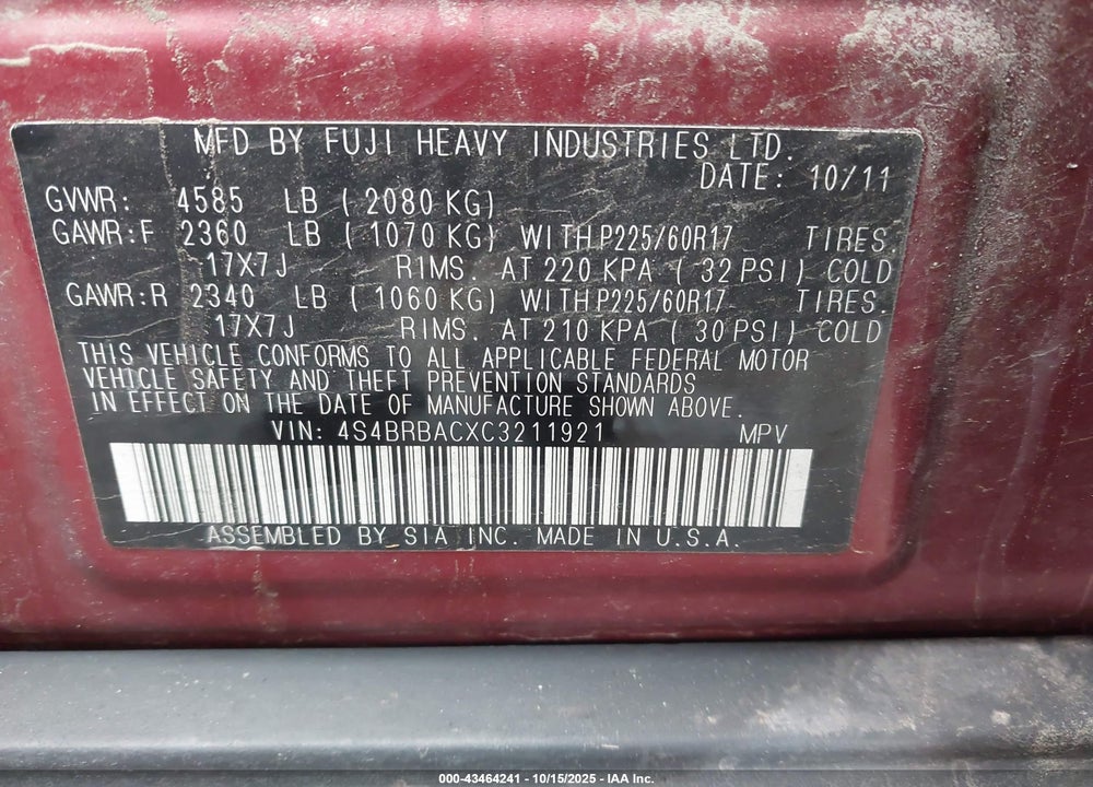 2012 SUBARU OUTBACK VIN: 4S4BRBACXC3211921