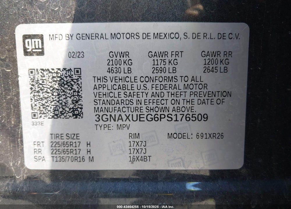 2023 CHEVROLET EQUINOX VIN: 3GNAXUEG6PS176509