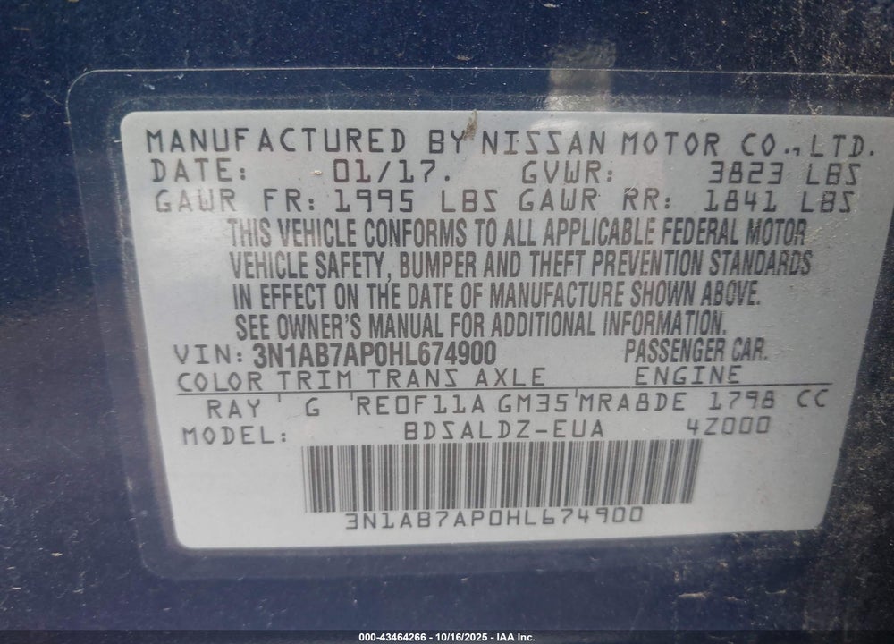 2017 NISSAN SENTRA SV VIN: 3N1AB7AP0HL674900