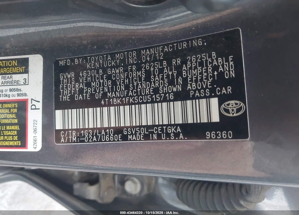 2012 TOYOTA CAMRY VIN: 4T1BK1FK5CU515716