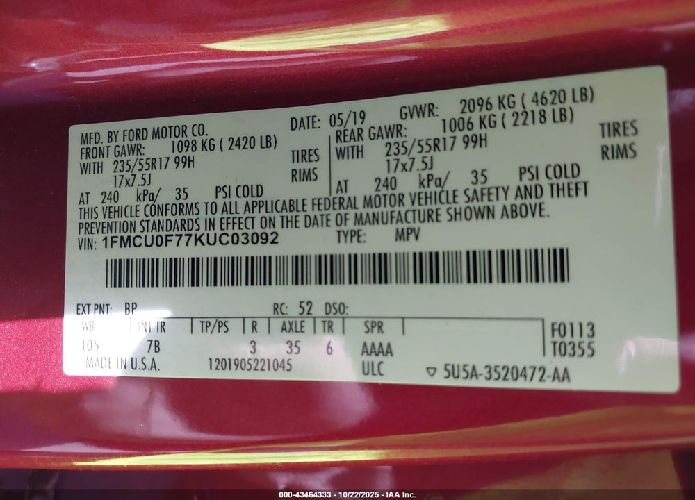 2019 FORD ESCAPE VIN: 1FMCU0F77KUC03092