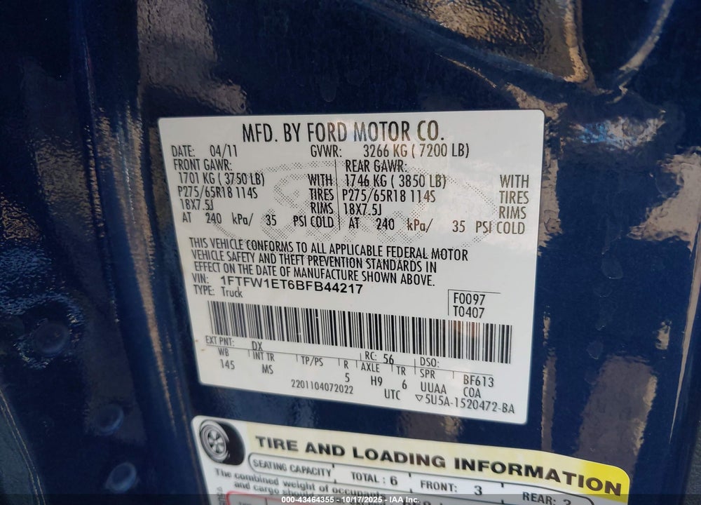 2011 FORD F-150 XLT VIN: 1FTFW1ET6BFB44217