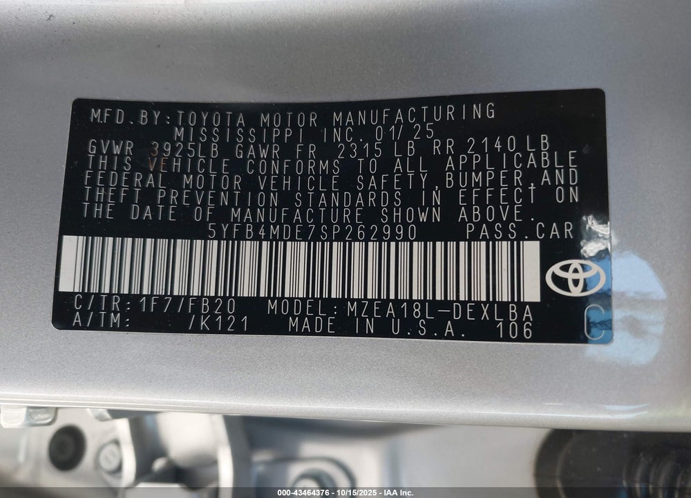 2025 TOYOTA COROLLA LE VIN: 5YFB4MDE7SP262990