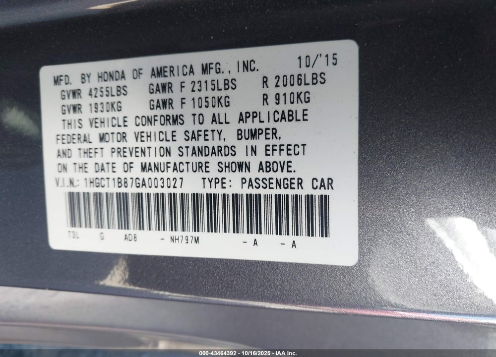 2016 HONDA ACCORD VIN: 1HGCT1B87GA003027