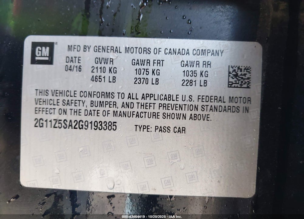2016 CHEVROLET IMPALA LS VIN: 2G11Z5SA2G9193385
