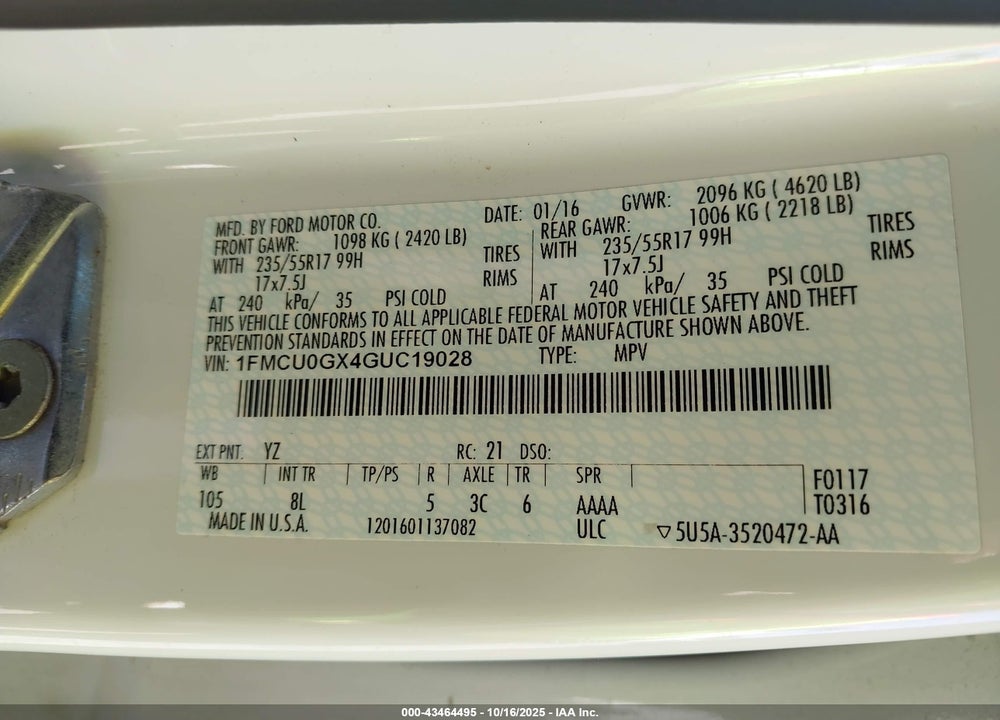 2016 FORD ESCAPE SE VIN: 1FMCU0GX4GUC19028