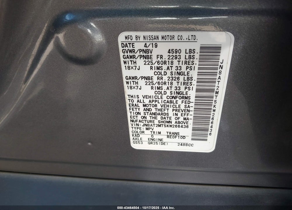 2019 NISSAN ROGUE VIN: JN8AT2MT5KW266436