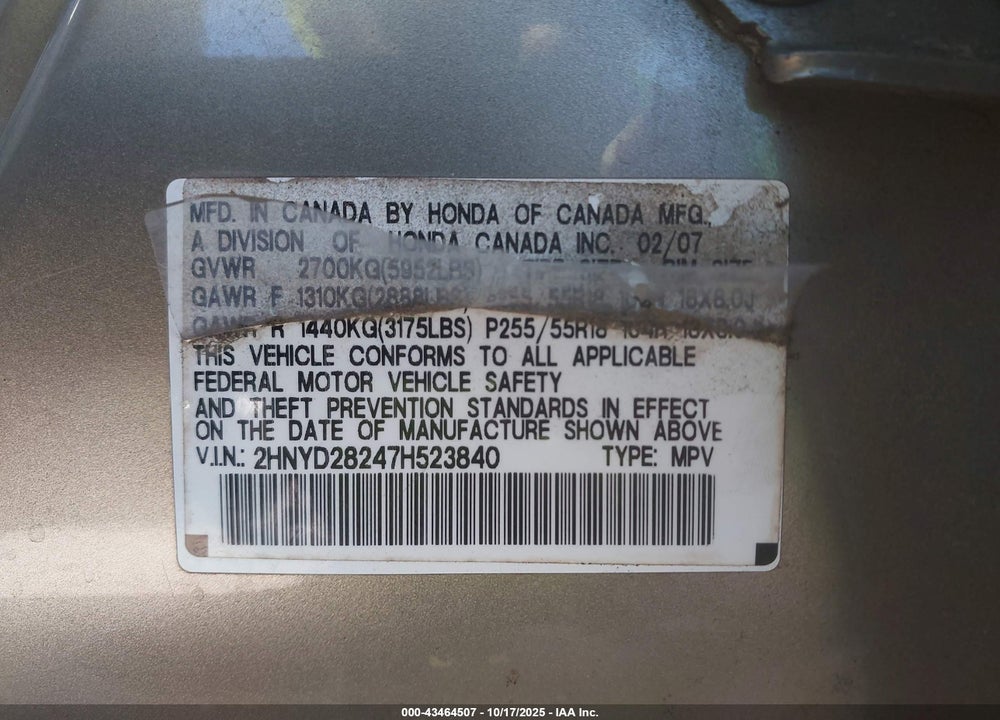 2007 ACURA MDX VIN: 2HNYD28247H523840