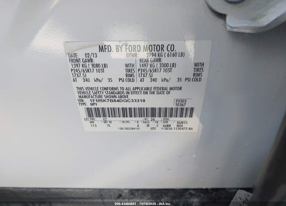 2013 FORD EXPLORER VIN: 1FM5K7B84DGC33318