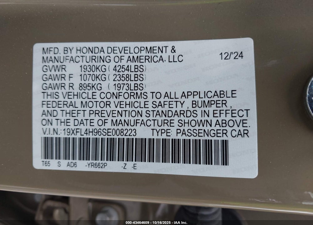 2025 HONDA CIVIC  HYBRID SPORT TOURING VIN: 19XFL4H96SE008223