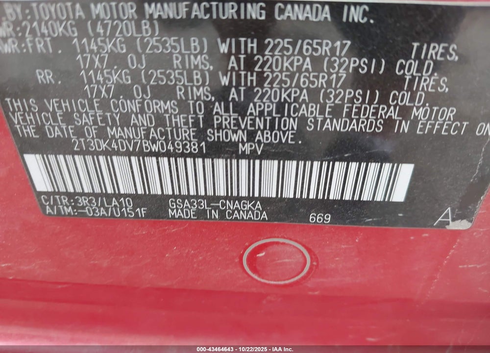 2011 TOYOTA RAV4 LIMITED V6 VIN: 2T3DK4DV7BW049381