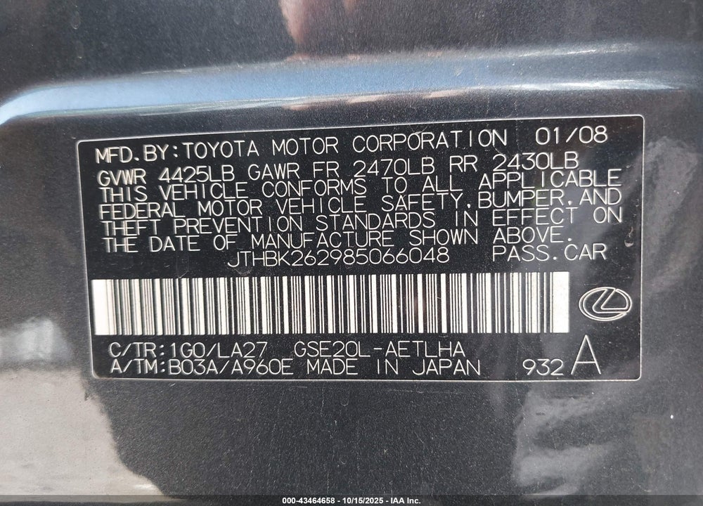 2008 LEXUS IS 250 VIN: JTHBK262985066048