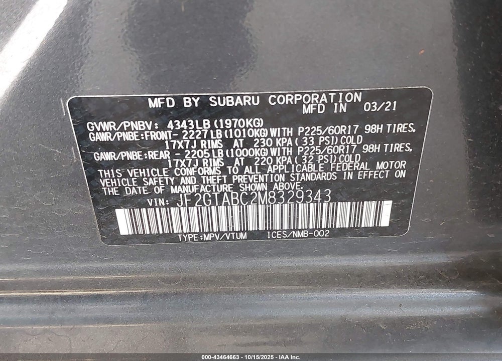 2021 SUBARU CROSSTREK VIN: JF2GTABC2M8329343