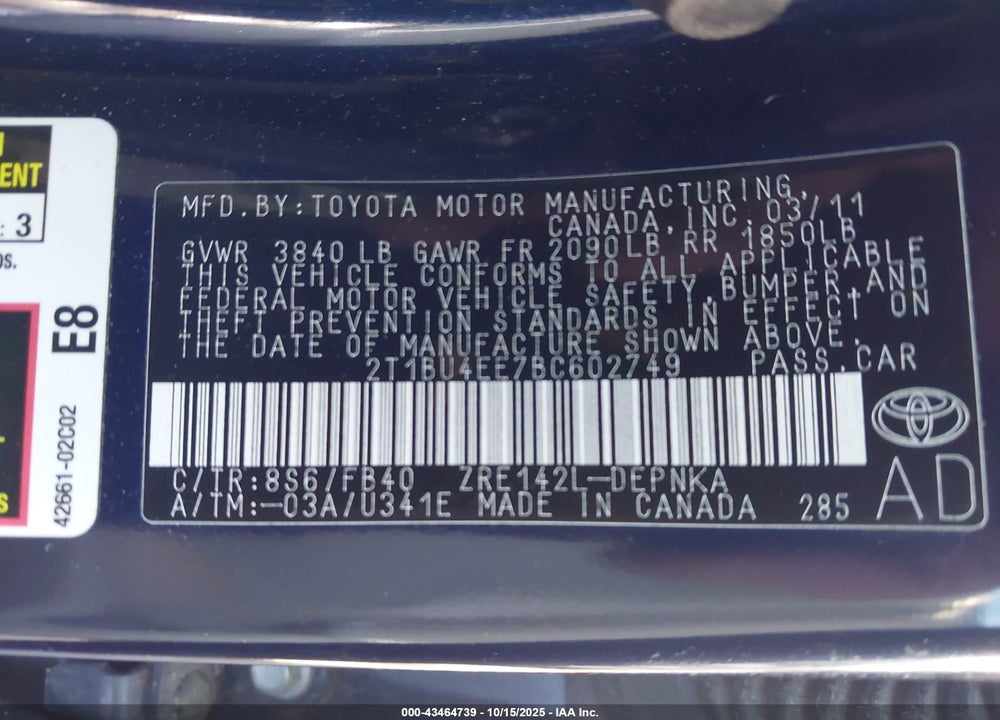 2011 TOYOTA COROLLA VIN: 2T1BU4EE7BC602749