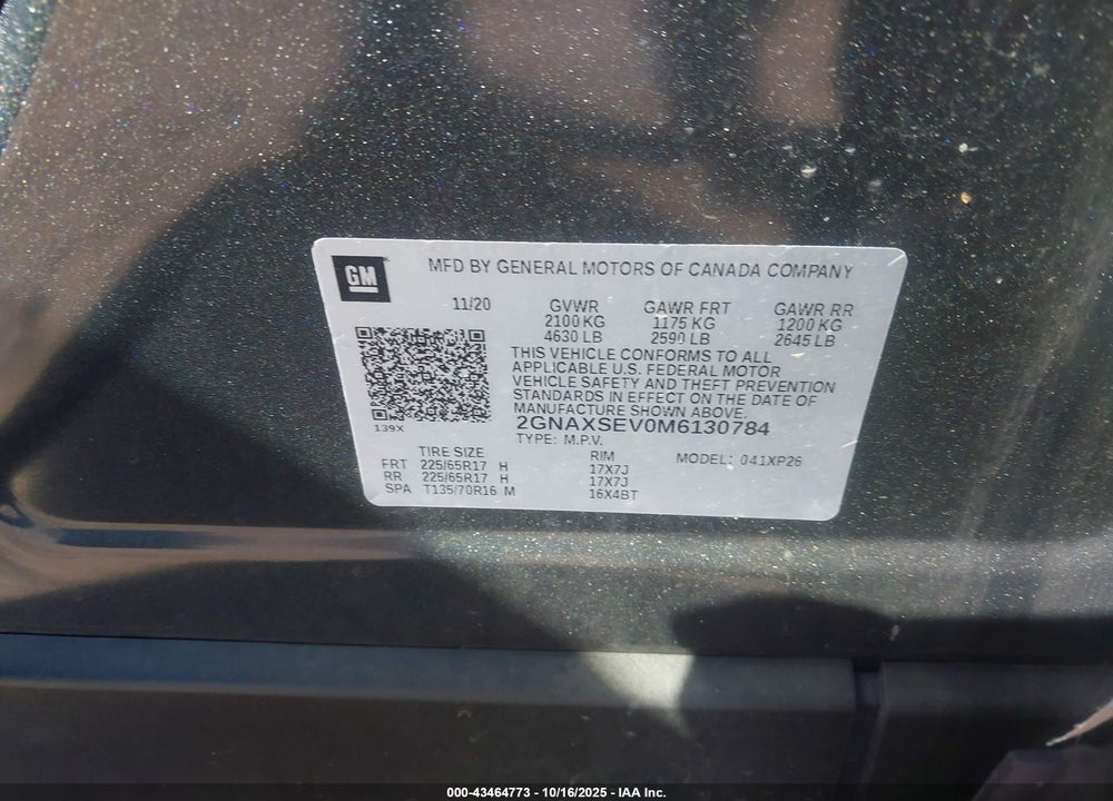 2021 CHEVROLET EQUINOX VIN: 2GNAXSEV0M6130784