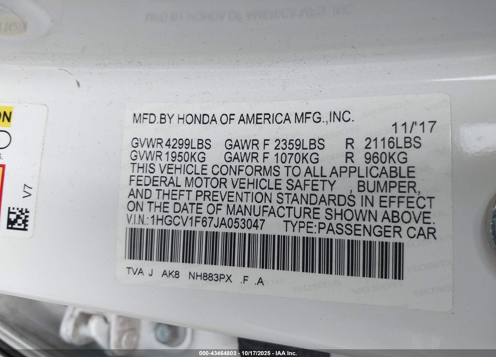2018 HONDA ACCORD EX-L VIN: 1HGCV1F67JA053047