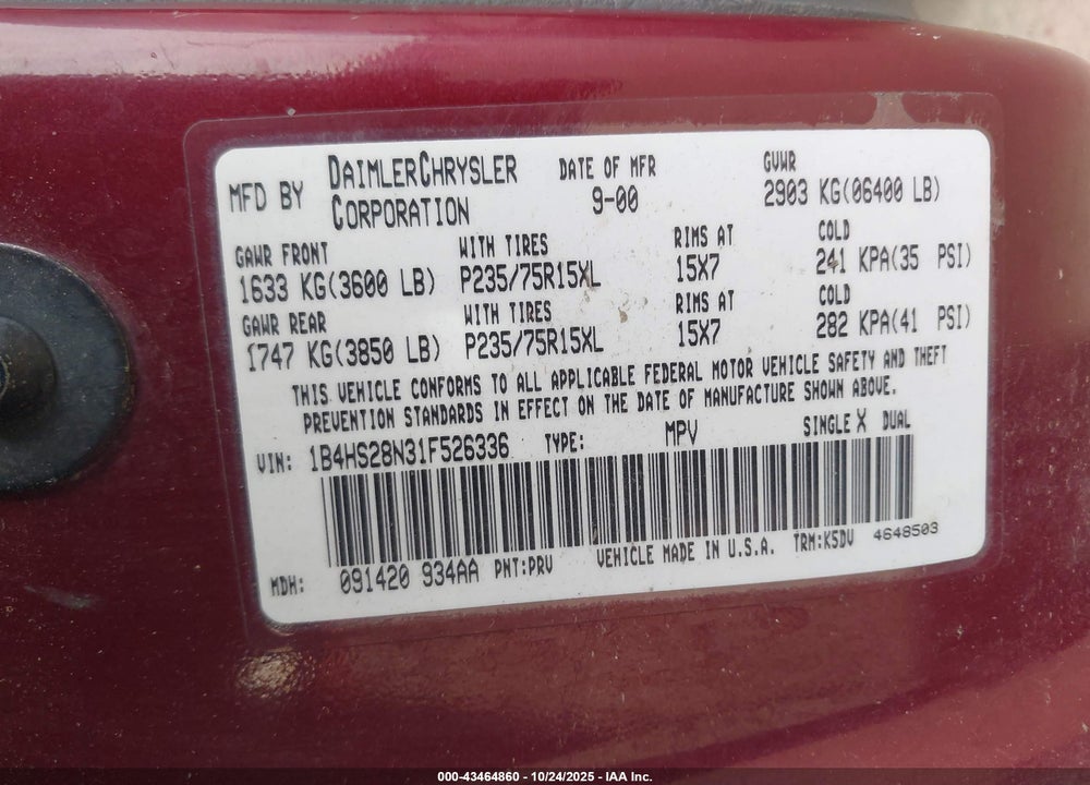 2001 DODGE DURANGO VIN: 1B4HS28N31F526336