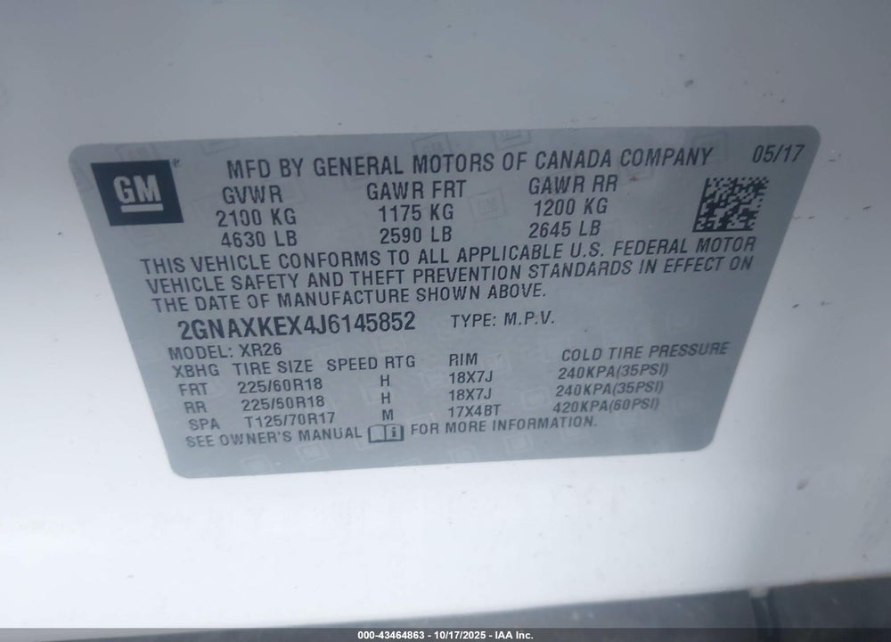 2018 CHEVROLET EQUINOX LT VIN: 2GNAXKEX4J6145852