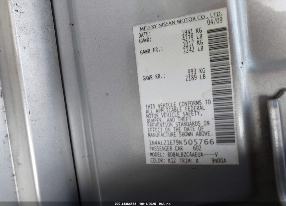 2009 NISSAN ALTIMA 2.5 S VIN: 1N4AL21E79N505766