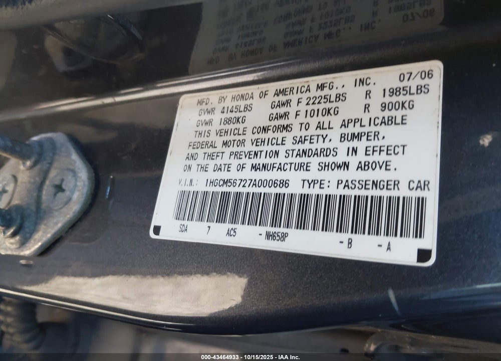 2007 HONDA ACCORD VIN: 1HGCM56727A000686