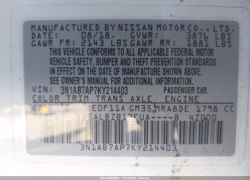 2019 NISSAN SENTRA S VIN: 3N1AB7AP7KY214403